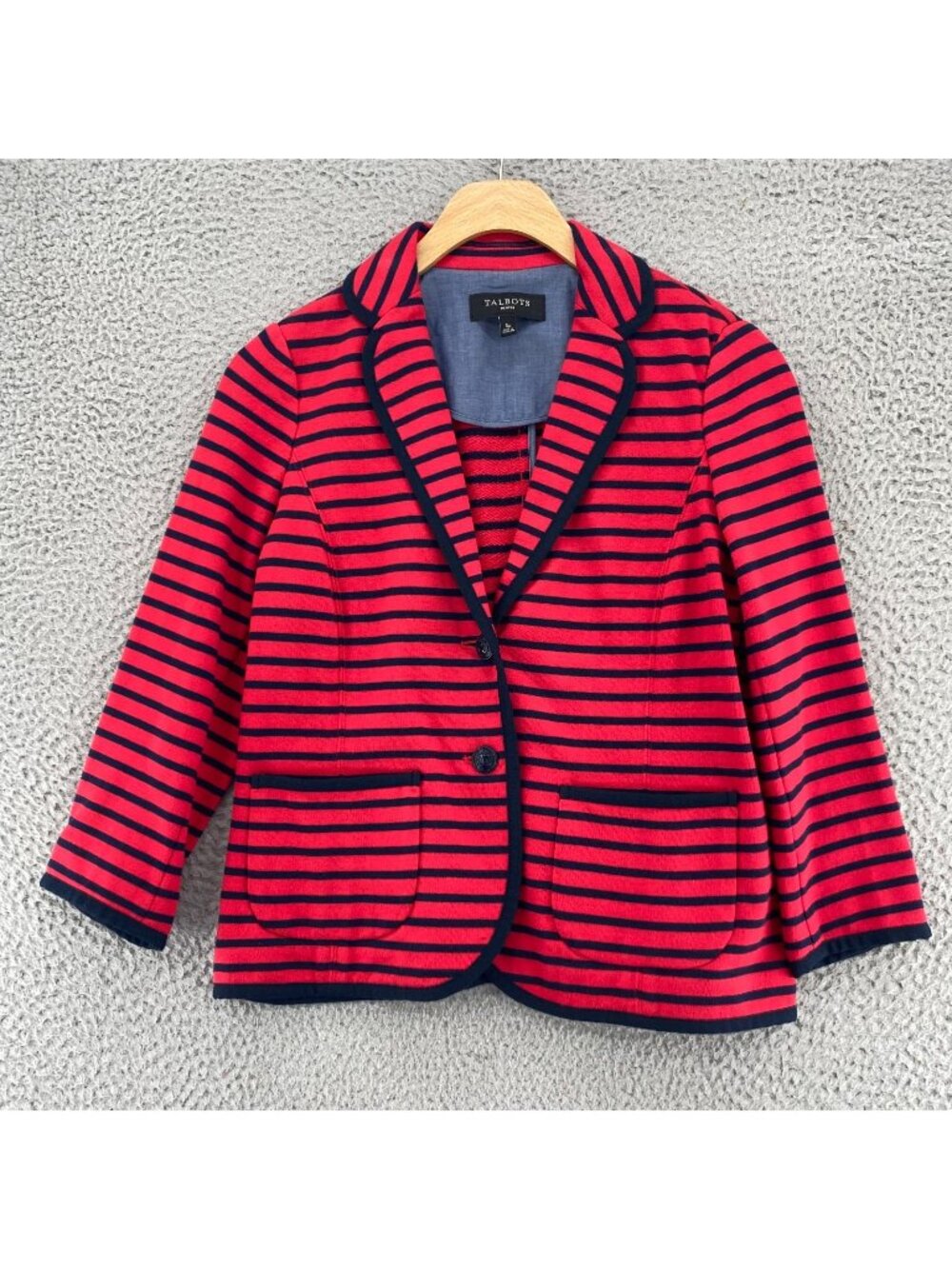Talbots Blazer Womens Small Petite Red Navy Stripe Cotton Knit 3/4 Sleeve Work
